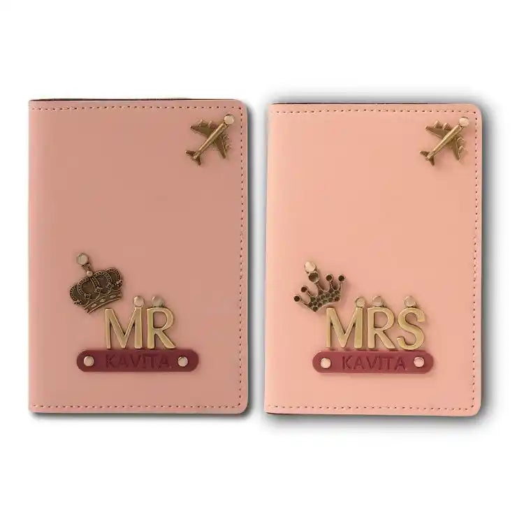 Buy Personalised Mr and Mrs Passport Covers in pink with names and charms