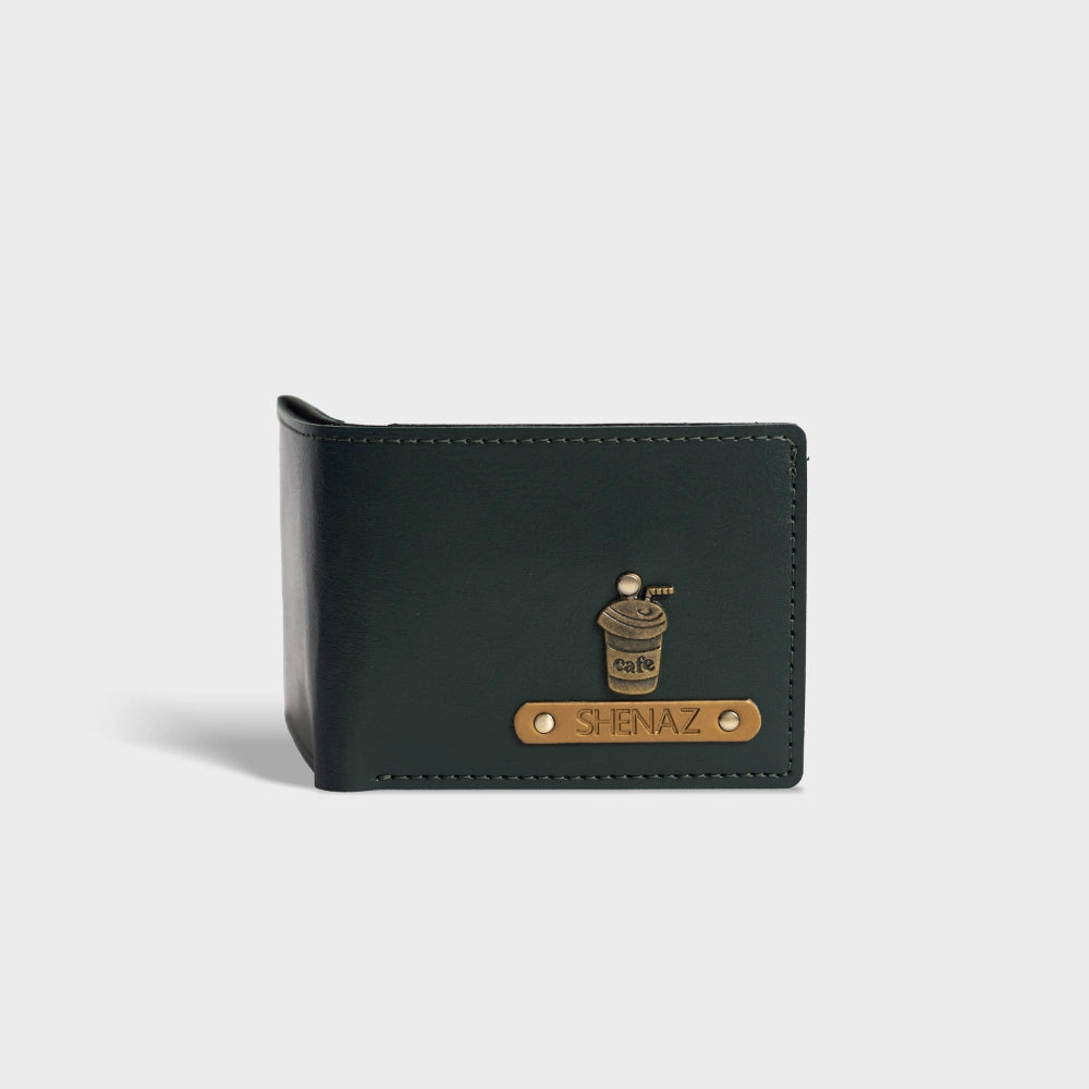 Buy personalized men's wallet in green vegan leather with name and charm