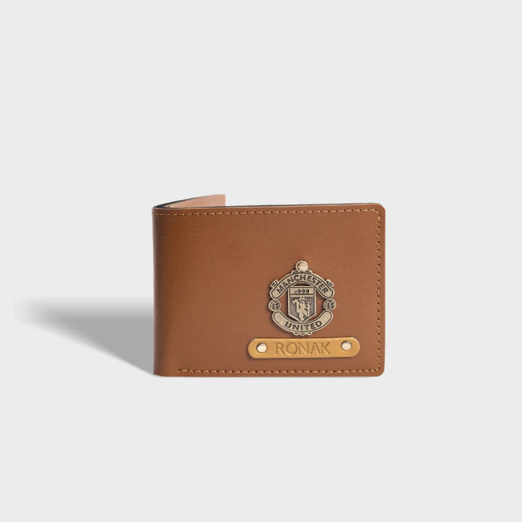 Buy personalized men's wallet in tan vegan leather with name and charm