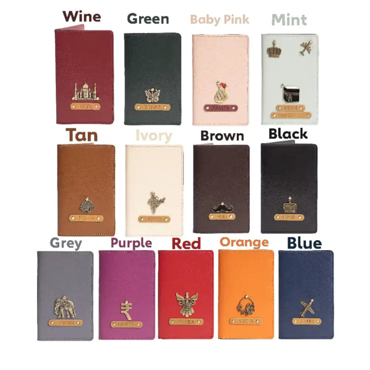 Order personalized passport holder in multiple colours with customised charms