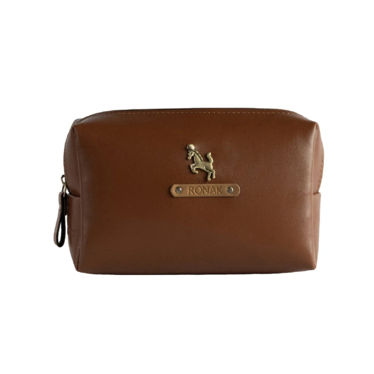 Buy personalized travel pouch in brown with custom name tag and zipper closure