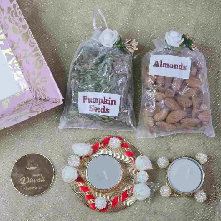 Order Diwali Gift Hamper with Pumpkin Seeds Almonds and Tea Light Holders