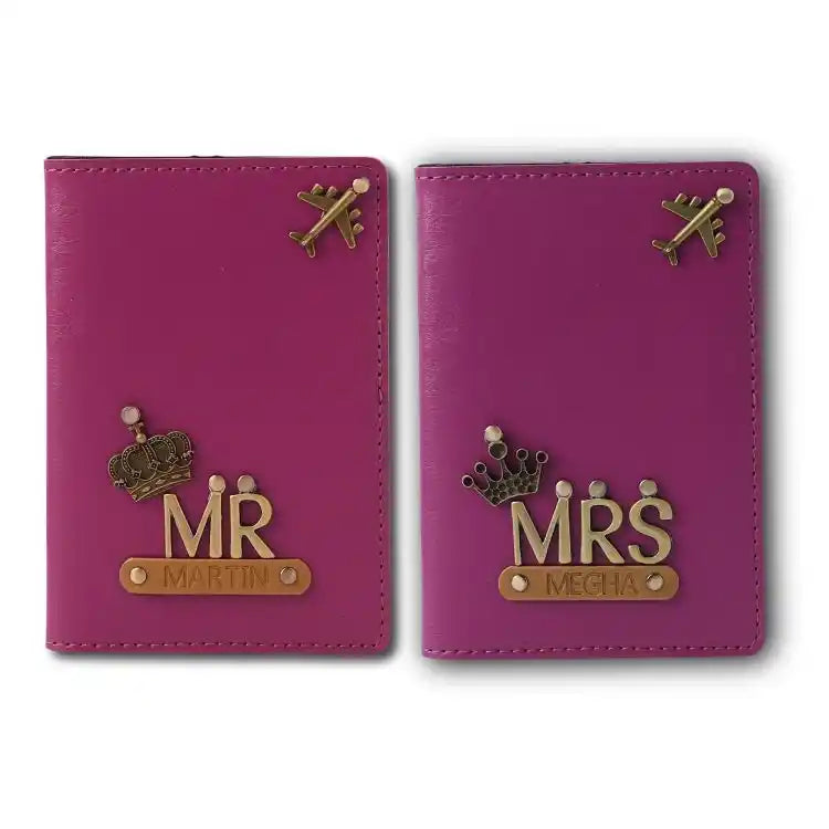 Buy Mr and Mrs Passport Covers in purple with personalised name tags