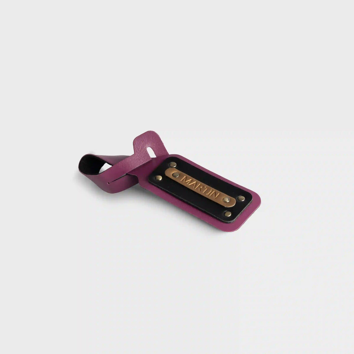 Buy purple personalized mini bag tag with embossed name
