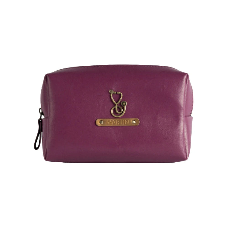Get customized travel pouch online in purple with charm and personalized name tag