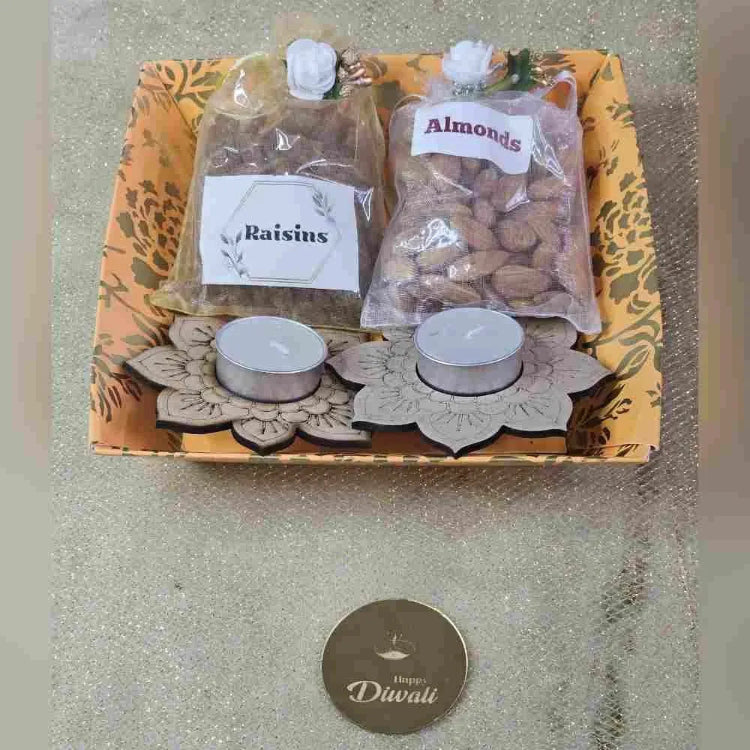 Order Diwali Dry Fruit Hamper with Raisins Almonds and Floral Tea Light Holders