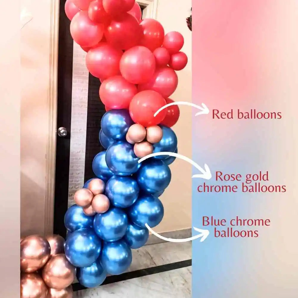 Hire red and blue anniversary balloon arch decoration with chrome balloons