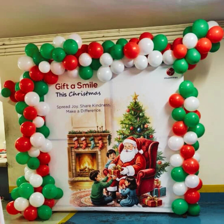 Book red green and white Christmas Balloon Decoration for Office with printed backdrop