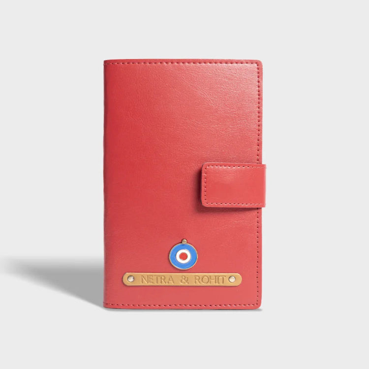 Buy red personalized dual passport cover with name and charm for couples