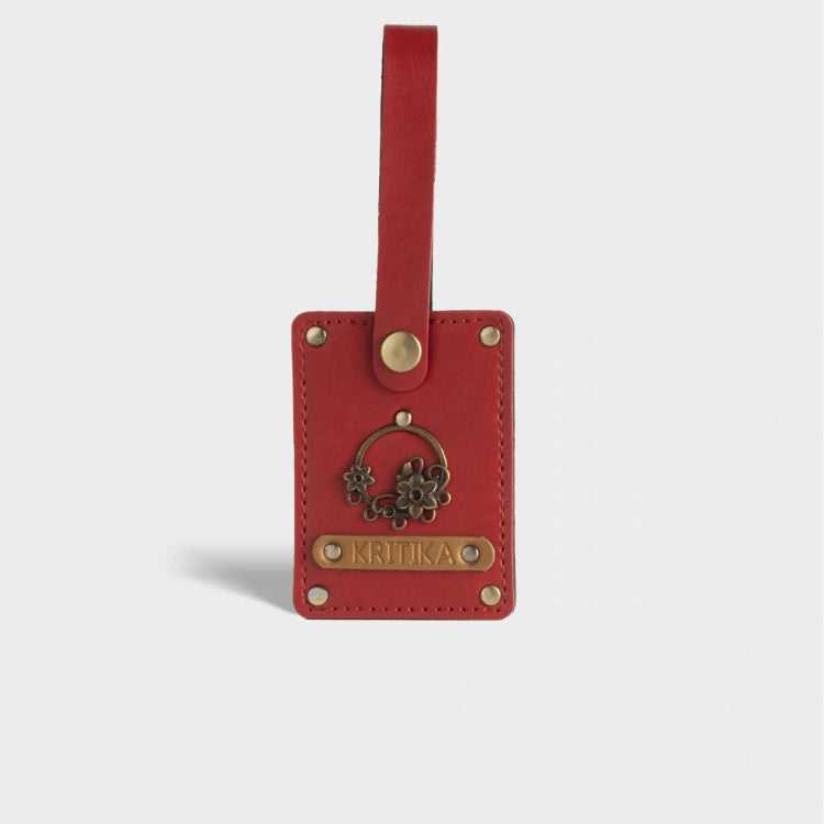 Order red personalized luggage tag with custom name and charm