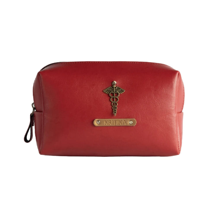 Buy personalized travel pouch in red with charm and custom name tag