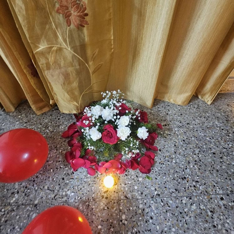 Book romantic first night floral decoration with roses, carnations and candles