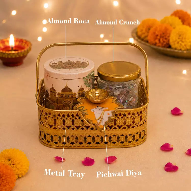 Shop Royal Diwali Festive Treat Hamper Online with premium treats and a metal tray