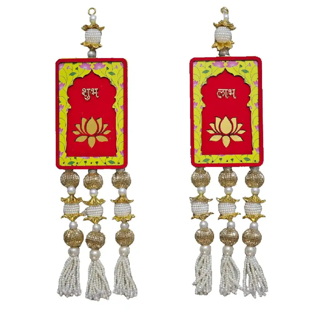 Buy Shubh Labh Door Hangings Set with lotus motifs and pearl tassels