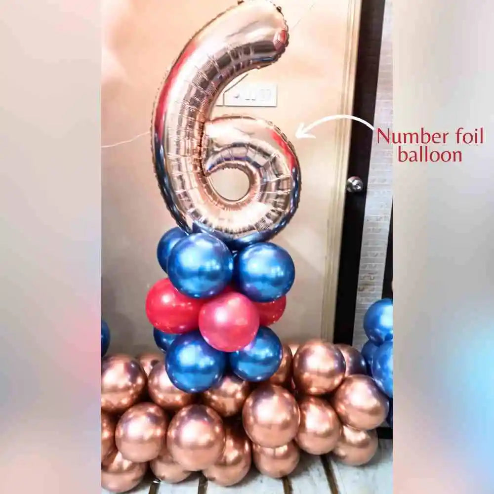 Book silver number balloon anniversary decoration with blue and red balloons