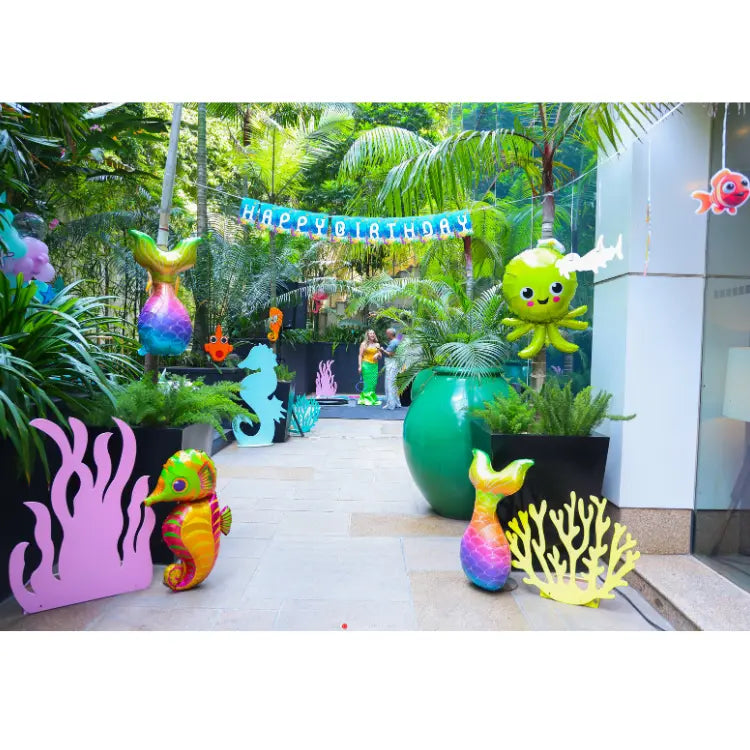 Order Under the Sea Birthday Decor with colorful sea animal cutouts and ocean-themed entrance decorations