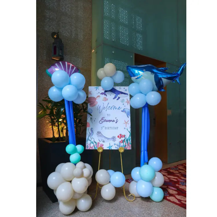 Get Under the Sea Birthday Decor with ocean-themed welcome board and balloon arch entrance decoration