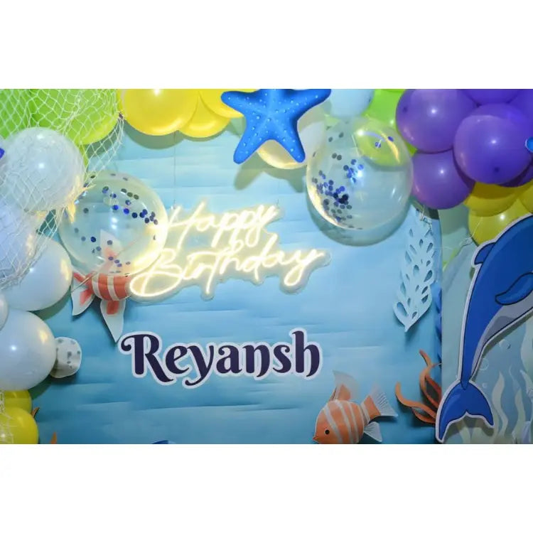 Book Underwater World Birthday Decor with personalized ocean-themed birthday backdrop and balloon decorations