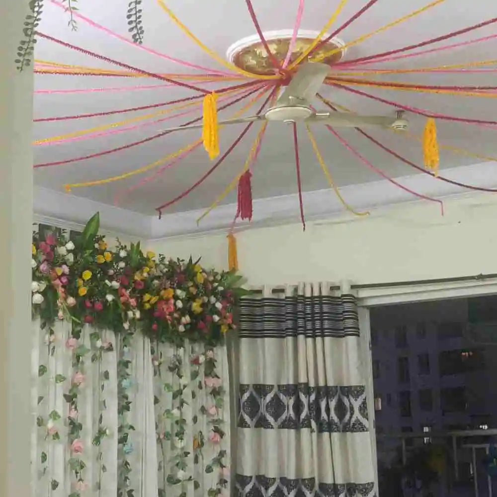  Wedding Floral Decor at Home with colourful ceiling drapes and floral backdrop decoration