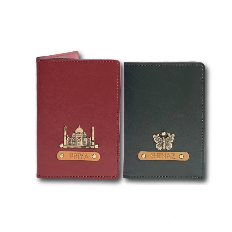 Buy wine and dark green Personalised Passport Cover Set with names and charms