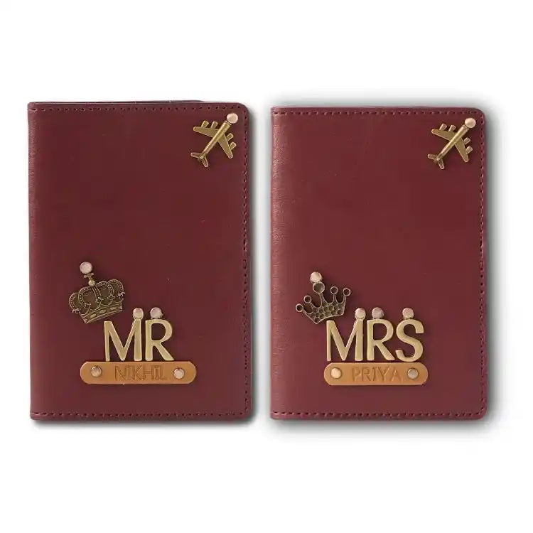 Shop Personalised Couple Passport Covers in wine with MR and MRS names